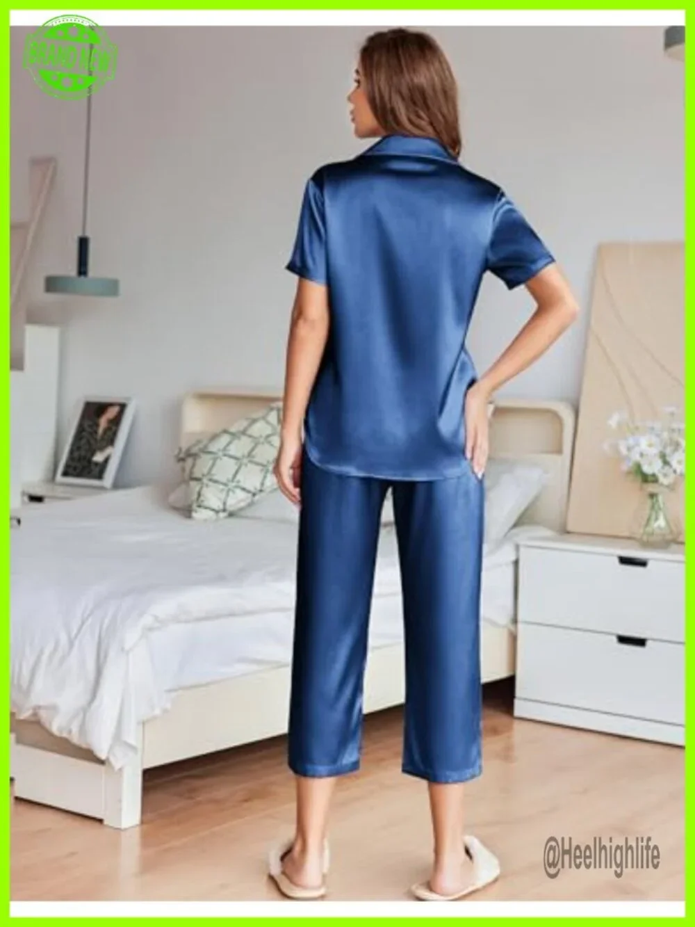 Satin Pajama Set 2 Piece Lounge Short Sleeve Button Down Capri Sleepwear